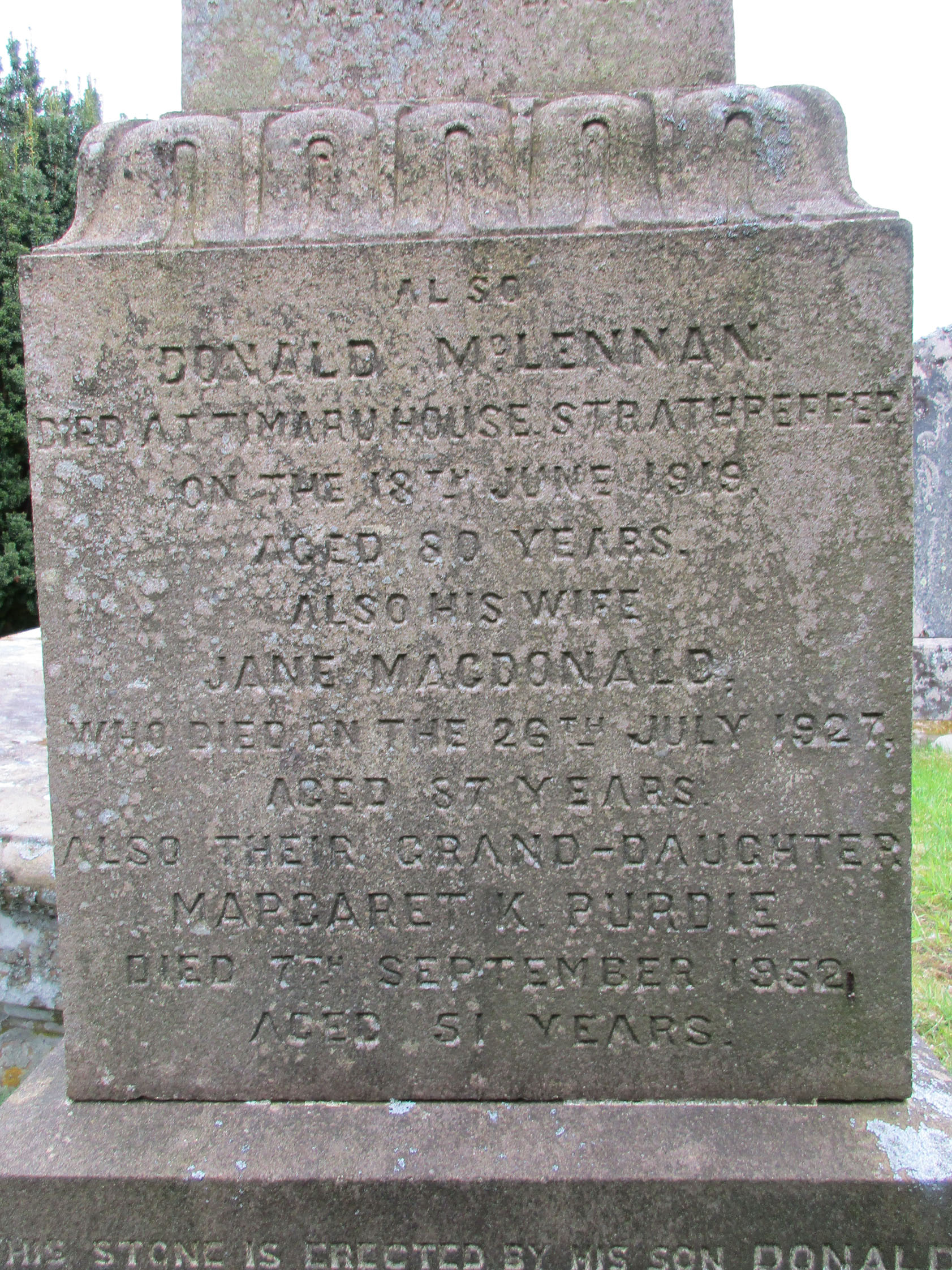Photo of headstones/Donald  (d 1919) Front Middle McLennan stone Fodderty